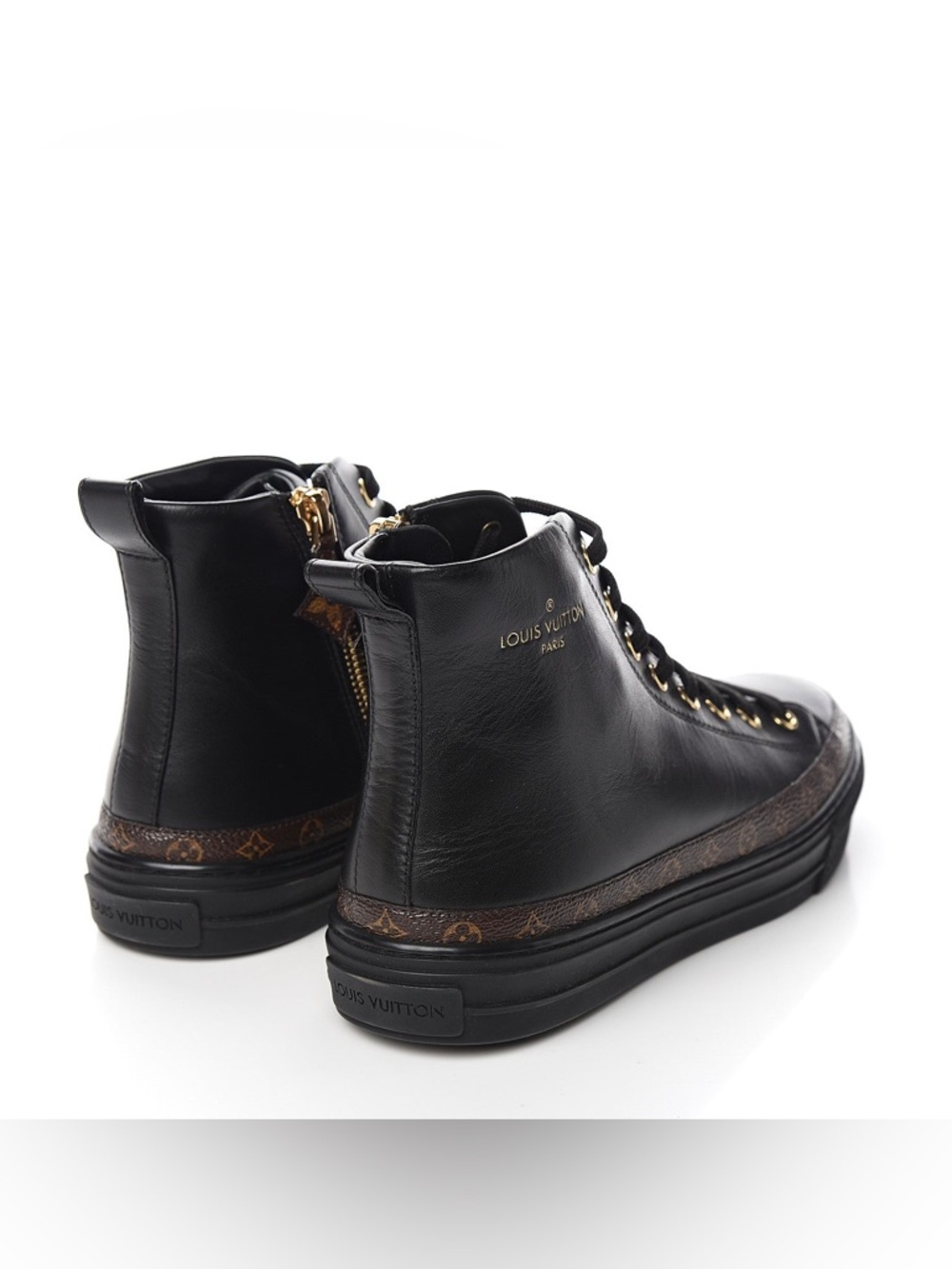 Authentic Louis Vuitton Black Leather High-Top Sneakers with Monogram Trim - Picture 6 of 14